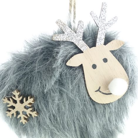Kaemingk – Pendentif de Noël cerf gris avec fausse fourrure et flocon de neige – Polyester et bois (1/2)