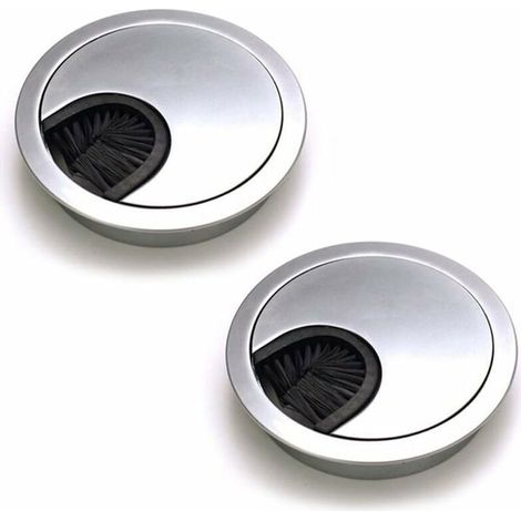 Lot de 2 Passe Cables Ronds Encastrables. Passe Cable Fil Métal Acier Brossé Design. Rangements de Cables pour Table de Bureau Diamètre 60 mm - Argent Perle Chrome (1/5)