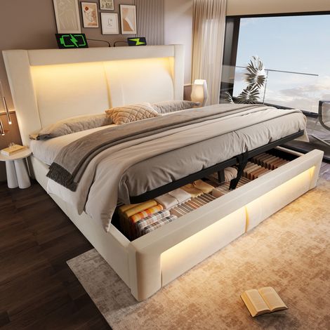 Lit coffre 140x200 cm avec LED et ports USB et Type-C, en velours beige, sans matelas (1/5)
