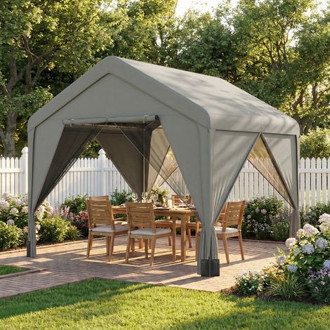 Abri de jardin tonnelle 3x3m gris, structure en acier galvanisé robuste, toit à double pente imperméable (1/5)