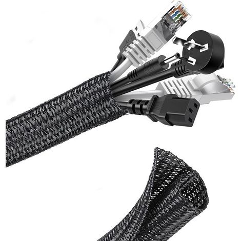 Gaine de câble tressée 2 m – Gaine auto-fermante flexible 13-22 mm – Protection de câbles résistante aux morsures – Pour TV PC home cinéma câbles automobiles et gestion des câbles – Noir (1/5)