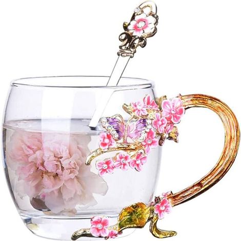 Tasse à thé en verre de cristal pour boisson chaude, thé glacé – Papillon violet et fleur de prunier (rose, petite taille (320 ml) (1/5)