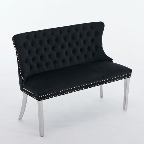 Banquette double de salle à manger en velours, siège 2 places capitonné avec boutons faits main, dossier à oreilles, pieds en acier inoxydable brossé argenté, style moderne du milieu du siècle, pack u
