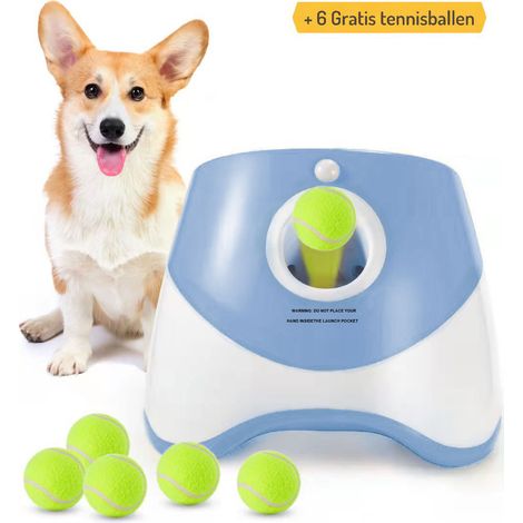 Lanciapalle automatico per cani, portata da 3 a 9 metri, ideale come gioco interattivo per cani di piccola taglia, per interni ed esterni. Include 6 mini palline da tennis blu (5 cm). (1/5)