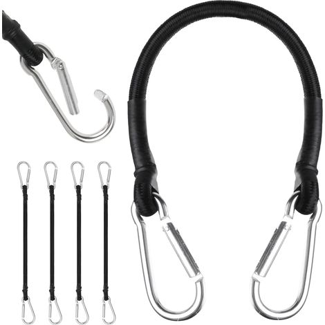 Cordes Élastiques avec Mousquetons - Lot de 4 - 30cm Alliage Aluminium et Caoutchouc - Fixation Robuste pour Bagages Camping Bâches - Noir et Multicolore (1/5)