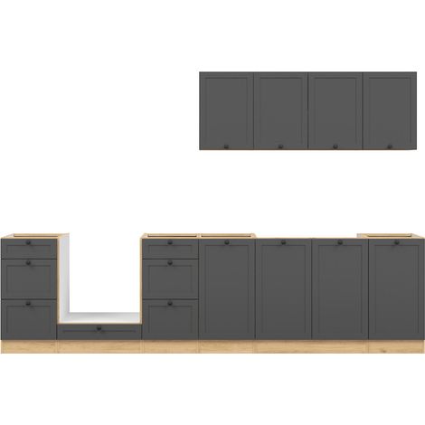 Cuisine complète 300 cm,Ensemble de meuble de cuisine coloris Gris graphite/Chêne bernstien, plan de travail non inclus (1/5)