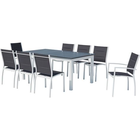 Garten-Esstisch ausziehbar und 8 Stühle aus Aluminium/weißem PVC-Gewebe AREZZO