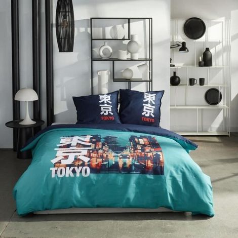 Parure de lit - TODAY - JAVA - 2 personnes - 240x220 cm - Coton - Imprimé Tokyo - Turquoise (1/3)