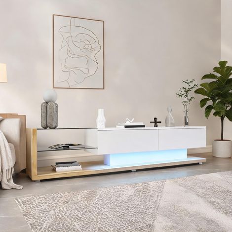 Meuble TV lowboard en blanc laqué et bois dimensions 170 x 38 x (1/5)