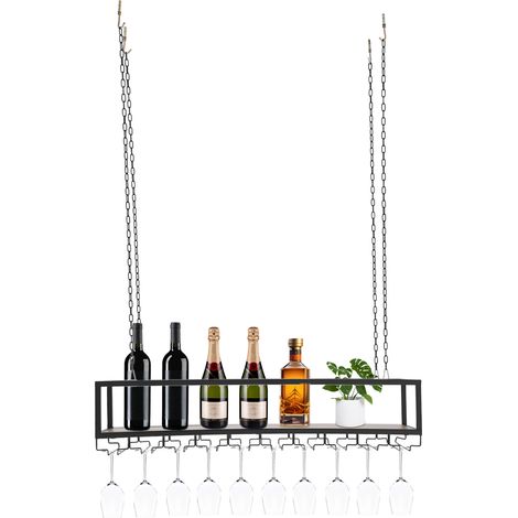 Casier à vin suspendu au plafond noir – Étagère porte-bouteilles à vin avec porte-verres – 100 x 25 cm, chaînes de 1 m réglables en hauteur – Style industriel vintage – Pour cuisine, bar, cave à vin e (1/5)