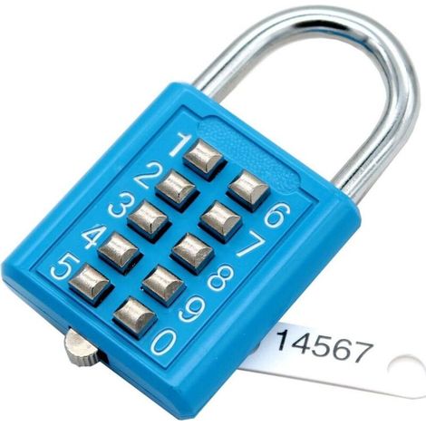 Cadenas à bouton-poussoir à 10 chiffres, serrure à combinaison en acier inoxydable, sans clé, serrure de salle de sport (bleu) (1/4)