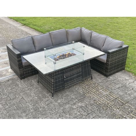 Fimous Outdoor Rattan Garden Corner Sofa Set Garden Furniture Gas Fire Pit Table Dining Sets Gas Heater Lounge Dark Grey 6 Seater (1/3)