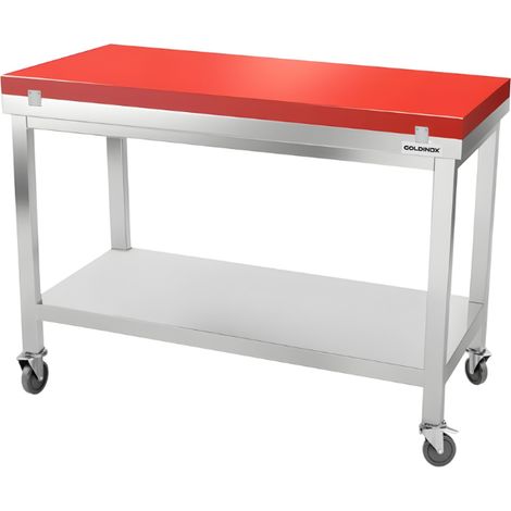 Table de travail en inox 1500x700 mm avec plaque de découpe rouge sur roulettes PREMIUM - GOLDINOX (1/4)