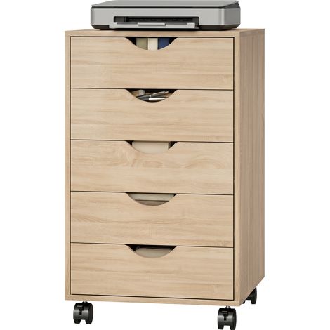 Caisson bureau mobile, meuble rangement sur roulettes avec 5 tiroirs, bois, 40 x 40 x 67 cm, chêne (1/5)
