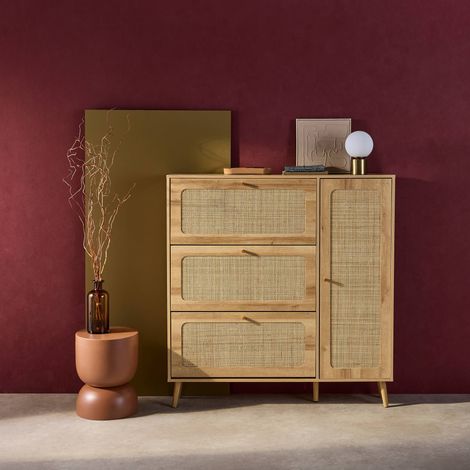 Sweeek – Meuble à chaussures cannage bohème naturel – 3 abattants – 1 porte – Capacité 21 paires – Dimensions 120 x 24 x 125 cm