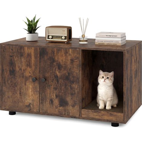 Meuble Litière Chat 3 en 1 avec Planche à Griffer Amovible Maison de Toilette Chat en Bois avec Double Porte, 5 Pieds Réglables, 90x50x50 cm, Marron (1/5)