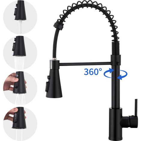 Mitigeur de Cuisine à Ressort Noir en Laiton – Robinet d’Évier 360° avec 4 Jets au Choix, Design Professionnel et Durable (1/5)