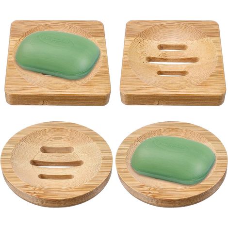 Lot de 4 porte-savons avec égouttage en bambou, porte-savon en bois, rond et carré, porte-savon en bambou, support antidérapant en bois pour la salle de bain, la douche, la cuisine (couleur (1/5)