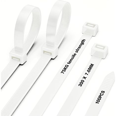 Serre Cable 300 mm x 7,6 mm - Attache Cable Résistance à La Traction 75 kg, 100 Pièces Serflex ultra Résistant aux UV, Pour la Famille, Jardin, Atelier, Gestion des Câbles (Blanc) (1/5)