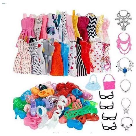 Lot de 32 pièces de vêtements et accessoires pour poupée, robes, chaussures, sacs, lunettes et bijoux, coffret d’habillage pour jeu de rôle enfant