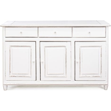 Buffet 3 tiroirs 3 portes en bois de manguier blanc patiné Kolita 150 cm (1/5)