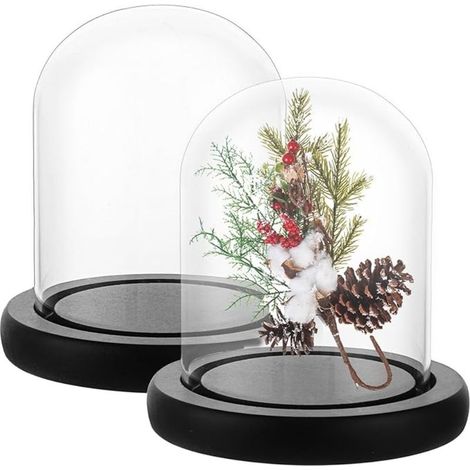 cloches en verre avec fond bois noir - 10 cm haut Décoration 8 diamètre Cloche transparent pour poupées, bougies, objets de collection (1/5)