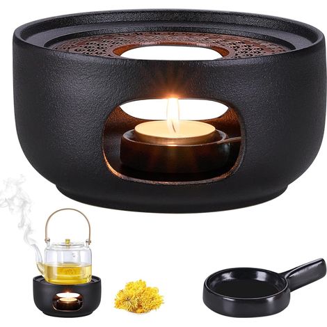 Calentador de tetera de cerámica con portavelas, calentador de tetera de porcelana, calentador de café, calentador de té para té - Negro (sin vela) (1/5)
