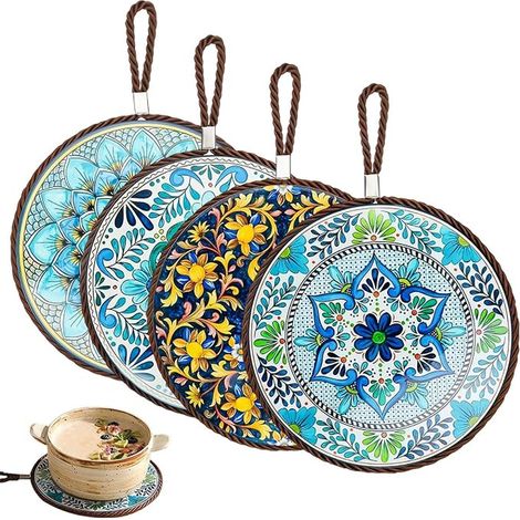 Set of Cork Ceramic Coasters with Hanging Ropes, Vintage Pattern Coasters Suitable for Different Models of Pots Cups Plates (1/2)