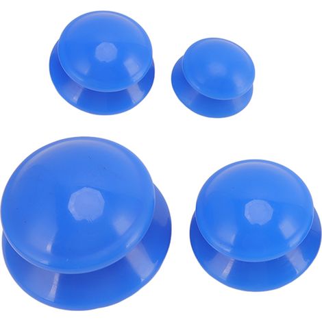 Ensemble de ventouses en silicone de 4 tailles différentes pour la thérapie par pression négative, avec ventouses sous vide. Usage professionnel en studio ou à domicile. Surface bleue brillante. (1/5)