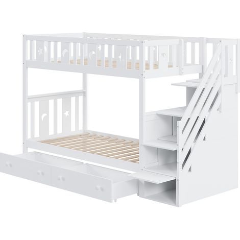 Cama litera infantil 90x200 cm con escalera con almacenamiento, 2 cajones, blanca (1/5)