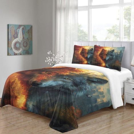 Housse De Couette - 220x240cm - Imprimé 3D Loup - Microfibre 100 Polyester - Fermeture Éclair Cachée - Parure Lit 3 Pièces (1/5)