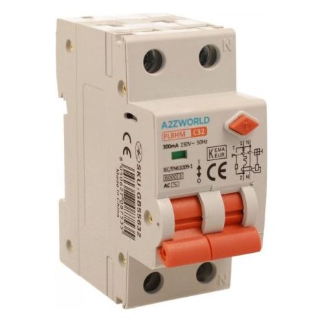 RCBO Doppia Leva, Interruttore Magnetotermico Differenziale Tipo AC Curva C 1P+N 2M 6000A 300mA C32A AC 230V IP20 IEC61009-1 PL8HM