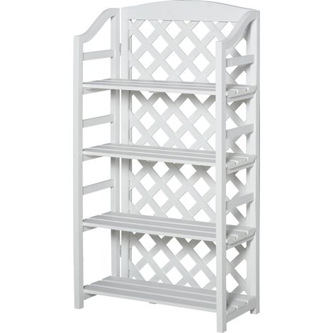 Klappbares Blumenregal, Pflanzenständer, Topfhalter – 4 verstellbare Lattenroste – Rückwand mit Rankgitter – vorgeöltes Tannenholz für Innenräume, Balkon, Garten und Terrasse (1/5)