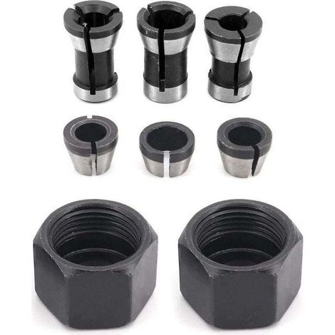 Set di 6 teste mandrino HSS, adattatore convertitore da 6 mm, 6,35 mm, 8 mm per trapani, macchine per incisione, rifilatrici e portapinze per fresatrici elettriche per legno + 2 dadi (1/4)