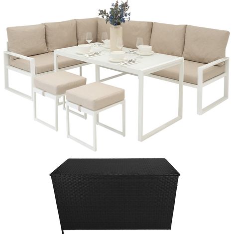 Aluminium Corner Sofa Set With Black Rattan Storage Box - White (1/5)