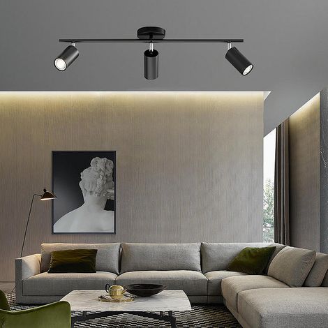 Kit d'éclairage sur rail à 3 lampes, plafonnier orientable à 90°, douille GU10 noire, pour salle de bain, cuisine, salon ou loft. (1/5)