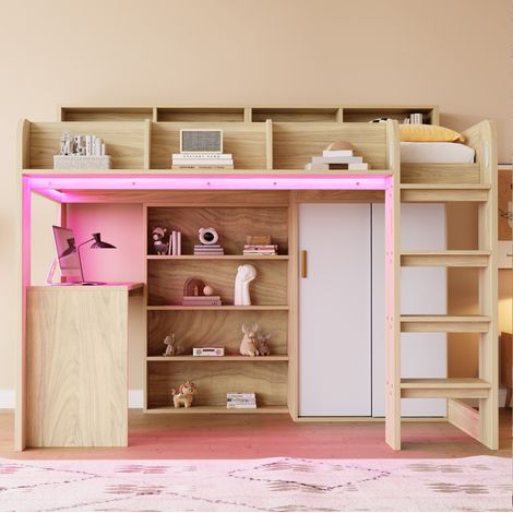 CHICFURN Cama alta 90x200 cm de MDF madera y blanca con escritorio, armario, LED y almacenaje (1/5)