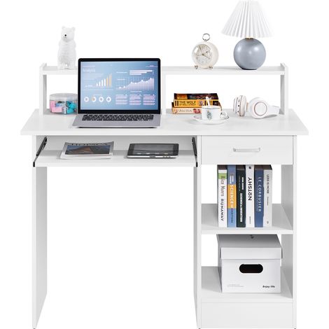 Yaheetech Bureau Informatique en Bois avec Tiroir Support PC Plateau pour Clavier Étagère pour Petits Espaces Lecture/Écriture/Travail Blanc (1/5)
