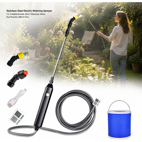 Spruzzatore elettrico da 23" - Acciaio inossidabile - Irrigazione da giardino - Ugello regolabile con tubo flessibile e secchio da 11 litri (1/5)