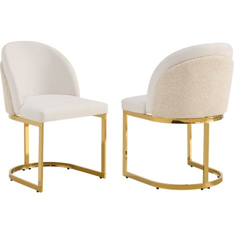 2 Chaises de salle à manger en chenille beige avec pieds en métal galvanisé doré (1/5)