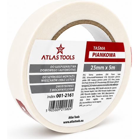 Cinta adhesiva de espuma de doble cara Atlas Tools, resistente, amortiguadora, 25 mm/5 m (1/5)