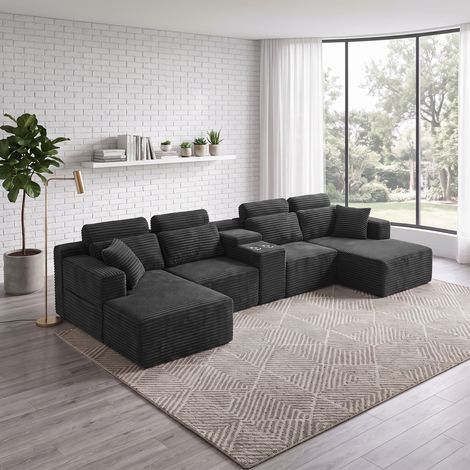 Canapé panoramique modulable en U grande taille avec porte-gobelets sans structure en velours côtelé assise profonde pour salon familial Gris foncé (1/5)