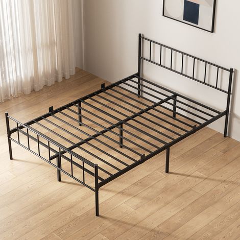 Sommier 160x200cm, cadre avec tête de lit et rangement 32cm, 14 lattes métalliques, pas besoin de sommier à ressorts, Silencieux, facile à monter, Noir