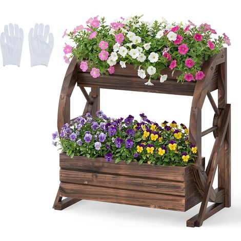COSTWAY Fioriera Rialzata a 2 Livelli, Carretto di Legno con Fori di Drenaggio, Semi-Ruote per Verdure e Guanti, Erbe Aromatiche, Fioriera da Interno ed Esterno per Patio, Giardino, Balcone (1/5)