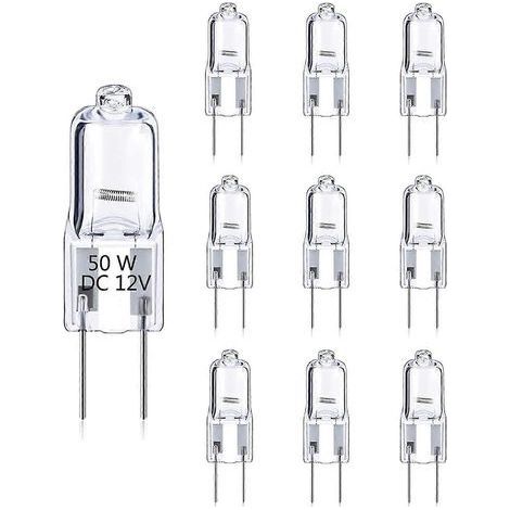 Lot de 10 ampoules halogènes G6.35 50 W, 12 V CC, dimmables, blanc chaud 2700 K, 2 broches, ampoule à capsule transparente, pour lustre ou bureau. (1/5)