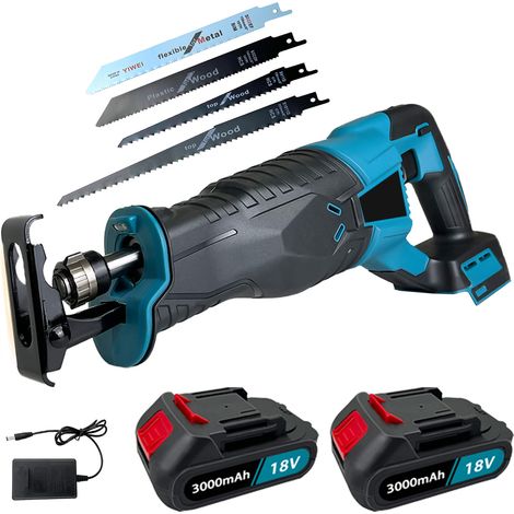 Seghetto alternativo senza fili, 0-3500 giri/min velocità variabile, luce di lavoro a LED, tagliatubi in metallo e legno, + 4lame + 2batterie da 3,0 A + caricabatterie, compatibile con batteria Makita