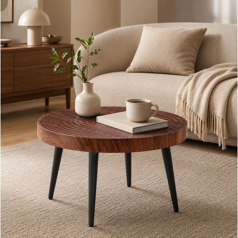 Mesa baja redonda Ø60 cm en madera y metal, tablero grueso 5 cm, nogal oscuro, negro OKMYHOME (1/5)