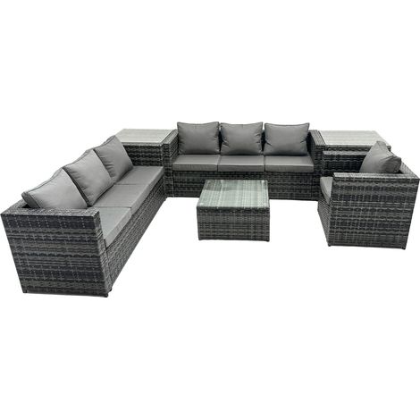 Fimous Outdoor Rattan Garden Furniture Set 7 Seater Patio Lounge Sofa Set with Armchair Square Coffee Table Side Table Dark Grey Mixed (1/5)