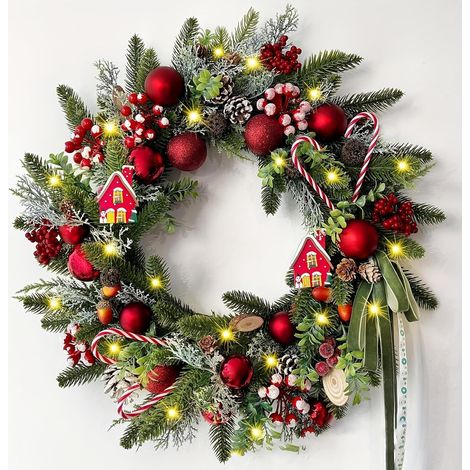 Couronne de Noël Lumineuse 45 cm, Guirlande Verte avec Cannes en Sucre, Pommes de Pin, Baies et Nœuds (1/5)