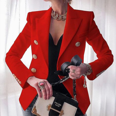 Veste courte de tailleur pour femme, couleur unie, idéale pour le travail et les déplacements quotidiens - Taille L - Rouge (1/4)